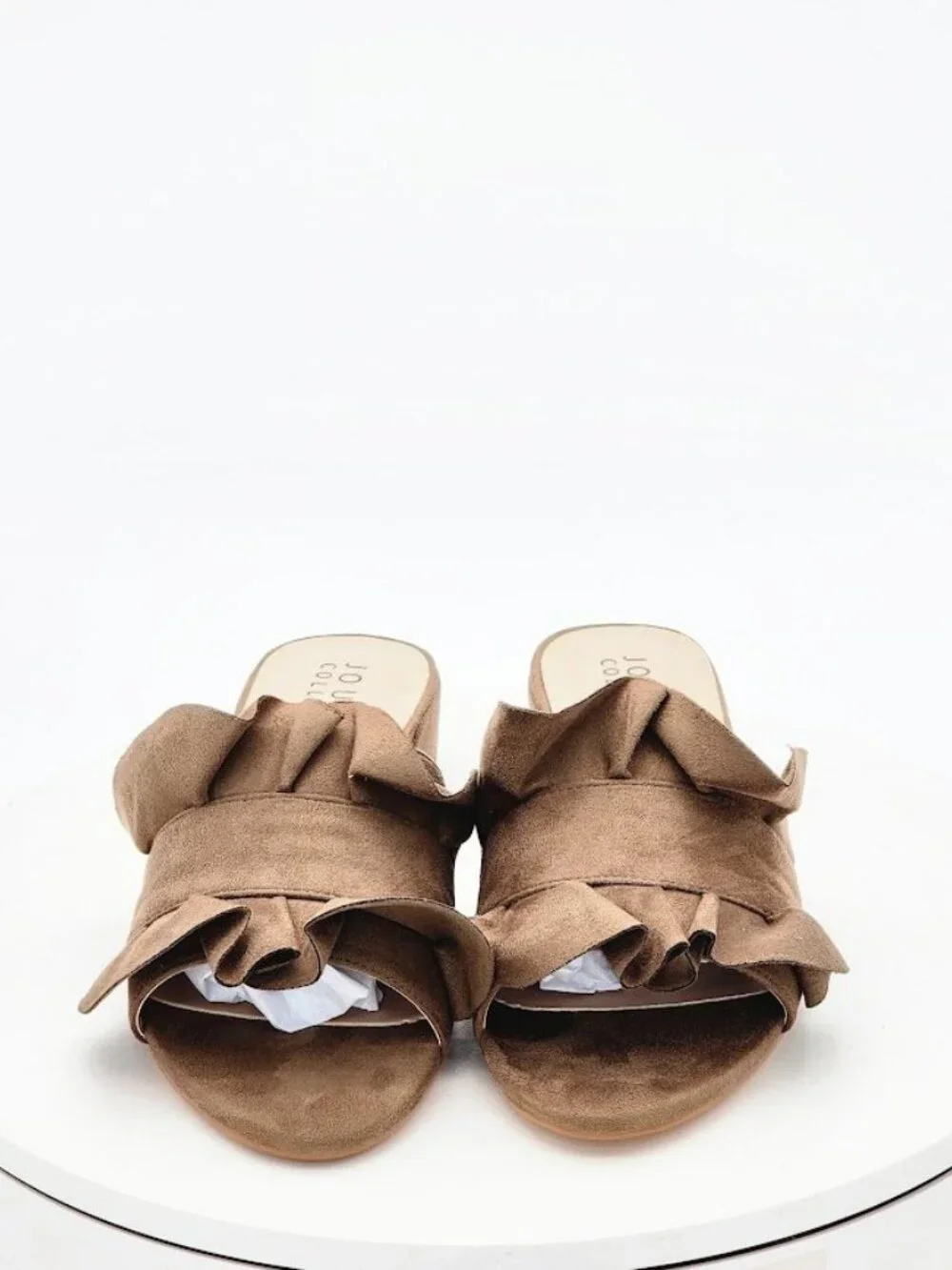 Journee Collection Sabica Taupe Ruffle Slide Sandals Block Heel Women's Size 5.5